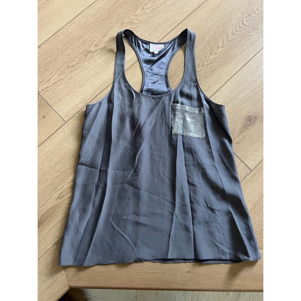 Parker Silk Sleeveless Blouse Tank Top‎ Sequin Pocket Gray Medium